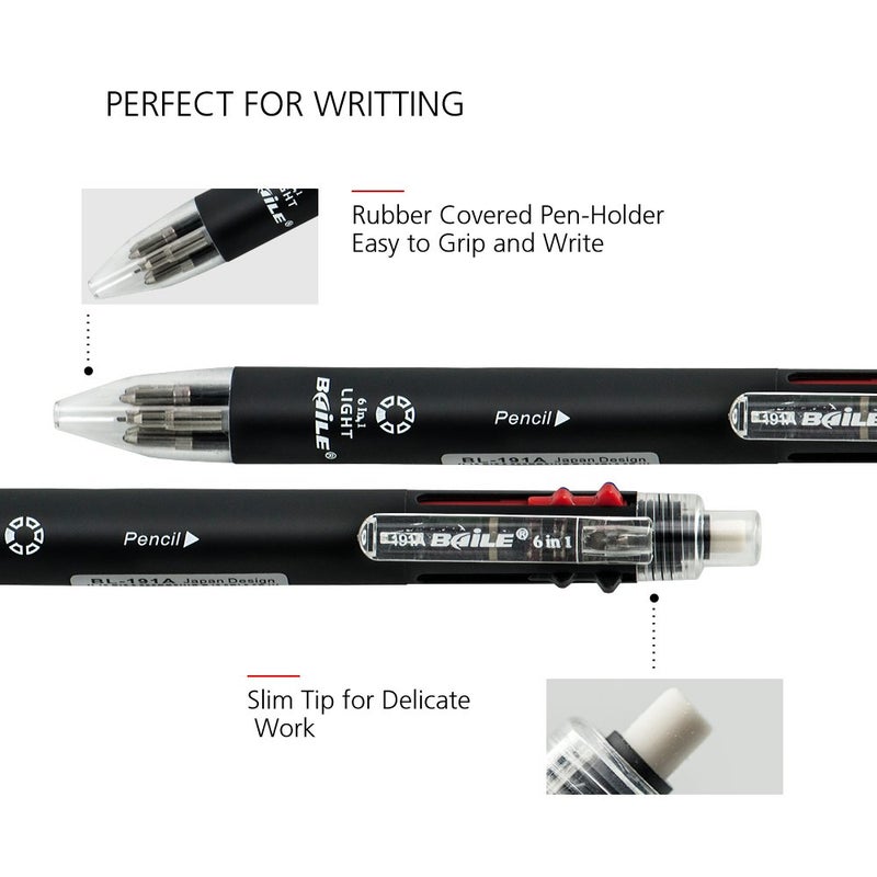Baile Grip 5+1, 5 Color 0.7 mm Ballpoint Multi Pen & 0.5 mm Pencil With Eraser In Cap (BLACK) - Image 5